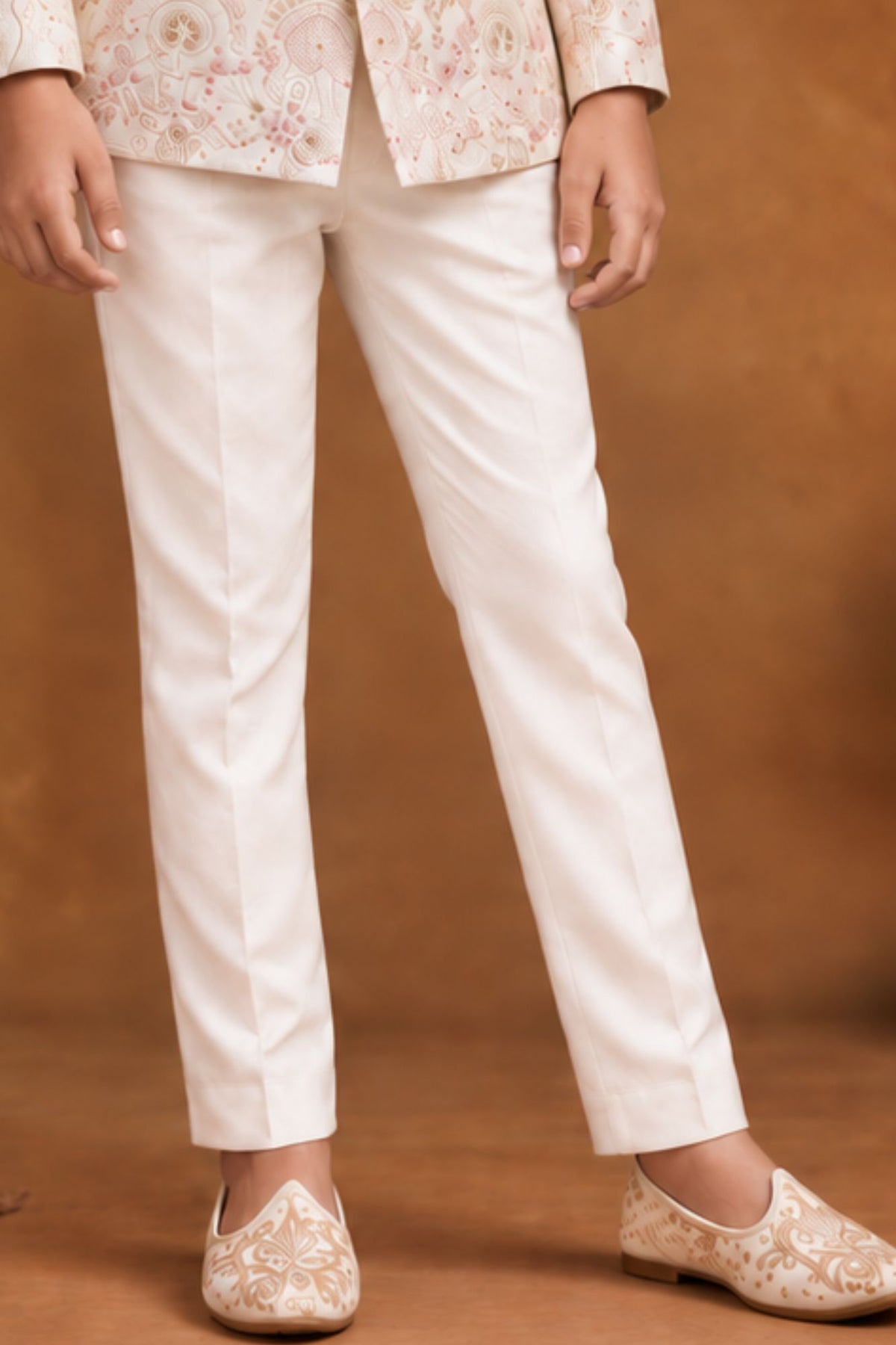Ivory Embroidered Sherwani Set With Tailored Pants For Boys