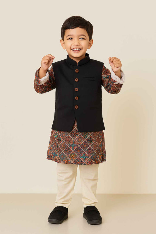 Multicolor Printed Kurta Pyjama Set with Black Nehru Jacket for Boys