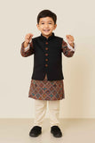Multicolor Printed Kurta Pyjama Set with Black Nehru Jacket for Boys