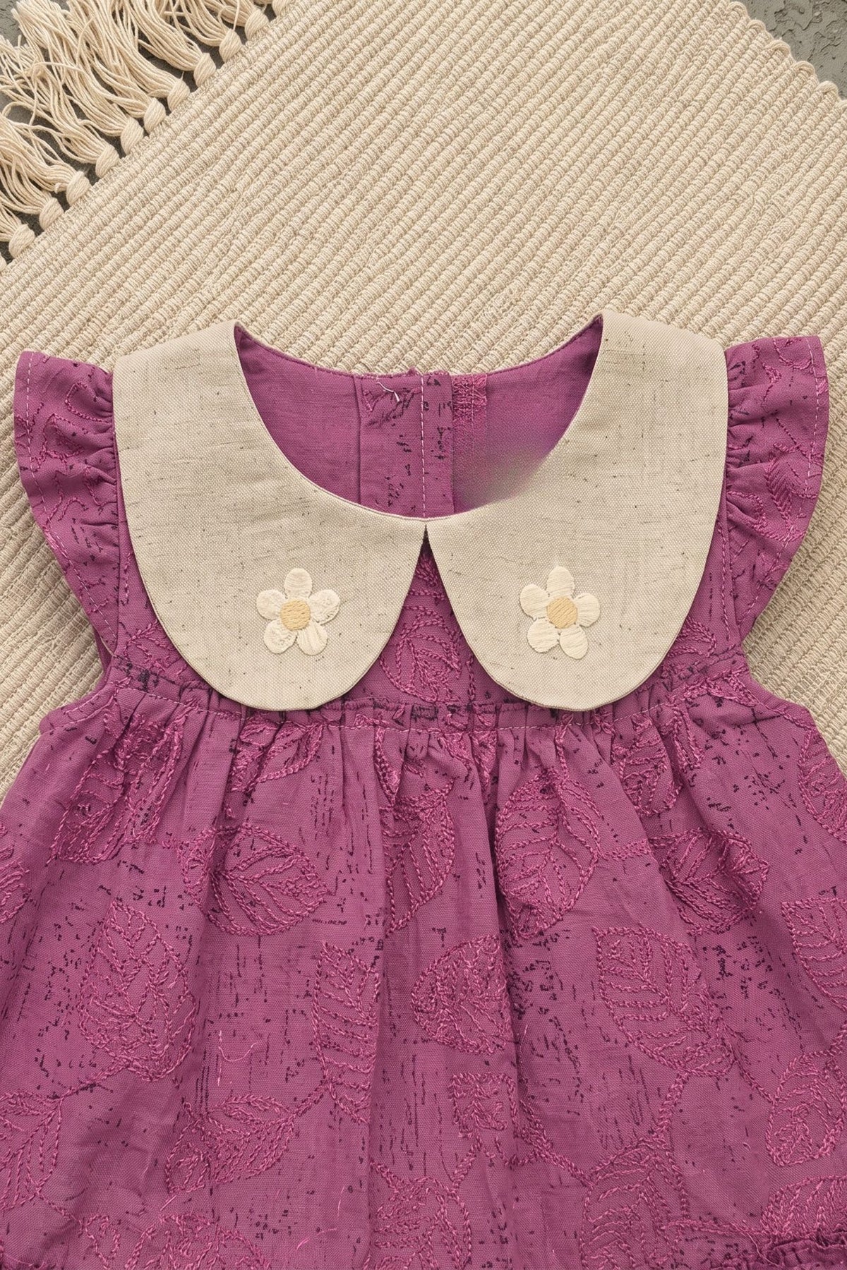 Adorable Girls Mauve Leaf Print Dress with Contrast Peter Pan Collar