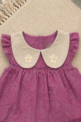 Adorable Girls Mauve Leaf Print Dress with Contrast Peter Pan Collar