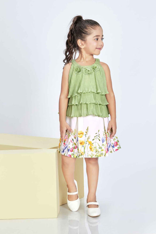 Green Floral Print Skirt Set with Tiered Green Top Set For Girls