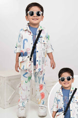 White Printed Shirt And Pant Set With Blue T Shirt For Boys