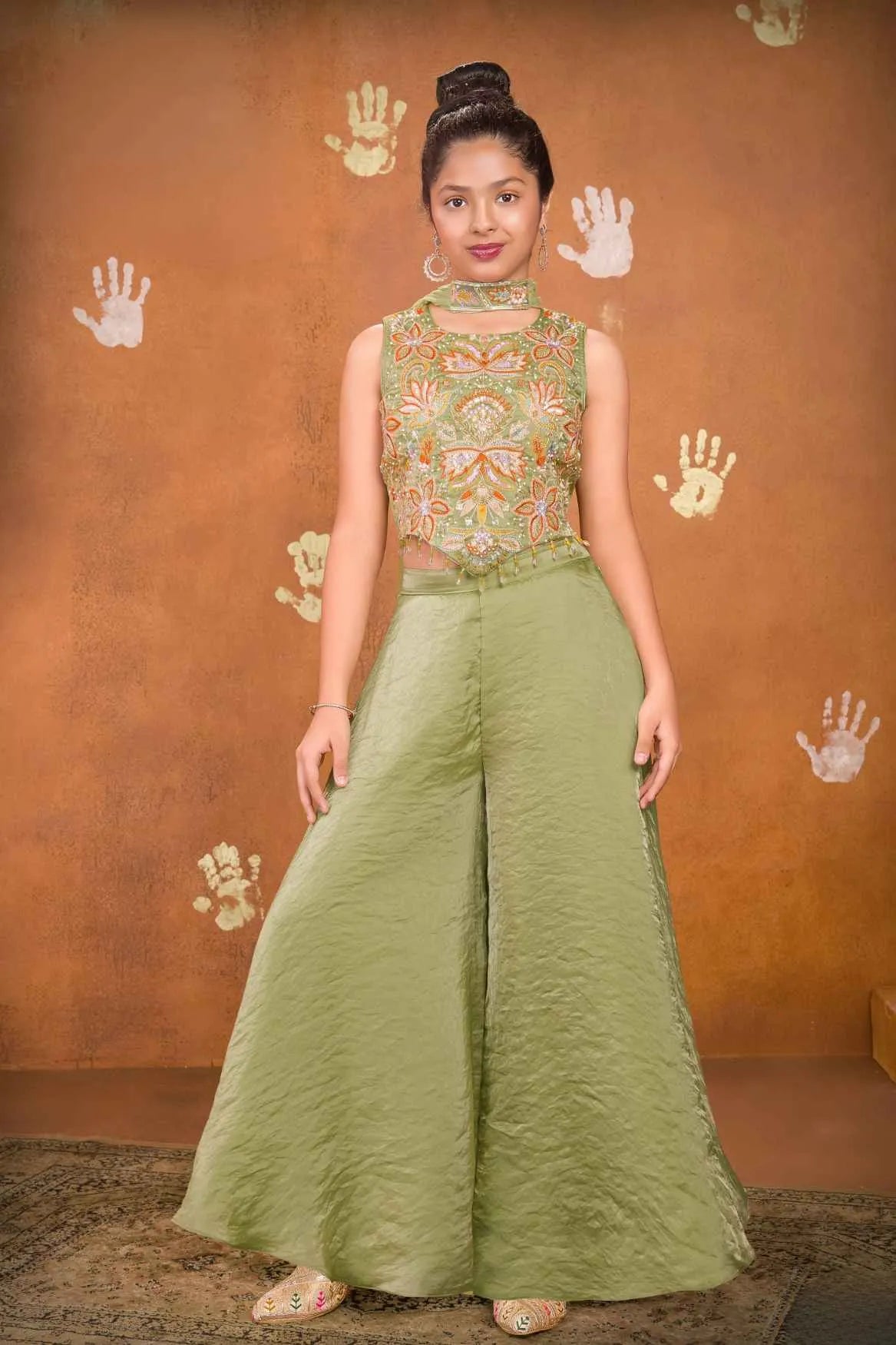 Pista Green Embroidered Palazzo Set For Girls