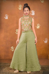 Pista Green Embroidered Palazzo Set For Girls