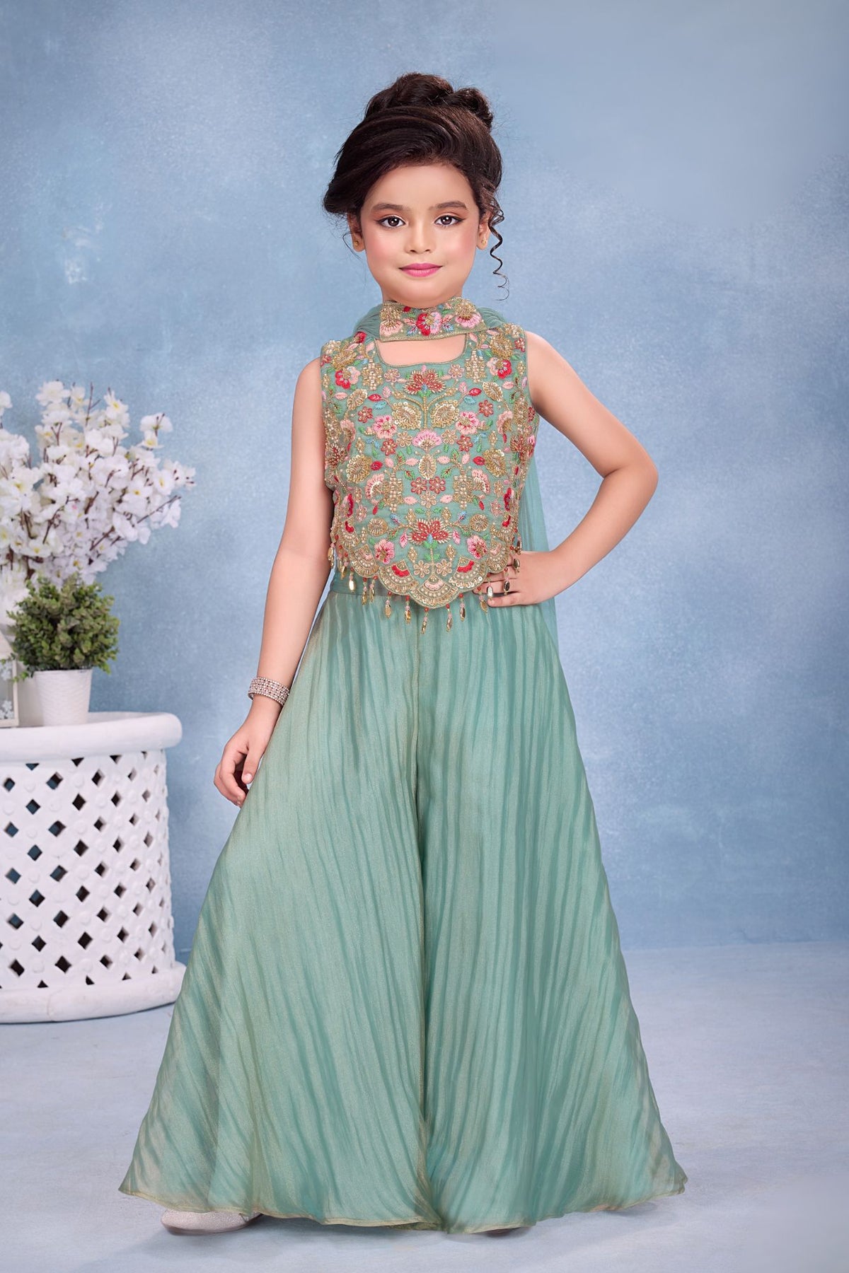 Girls Turquoise Embroidered Palazzo Set With Dupatta