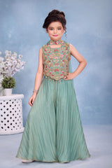 Girls Turquoise Embroidered Palazzo Set With Dupatta