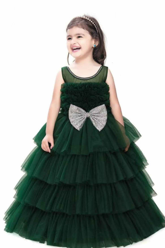 Designer Multilayer Green Gown With Bow Embellished For Girls