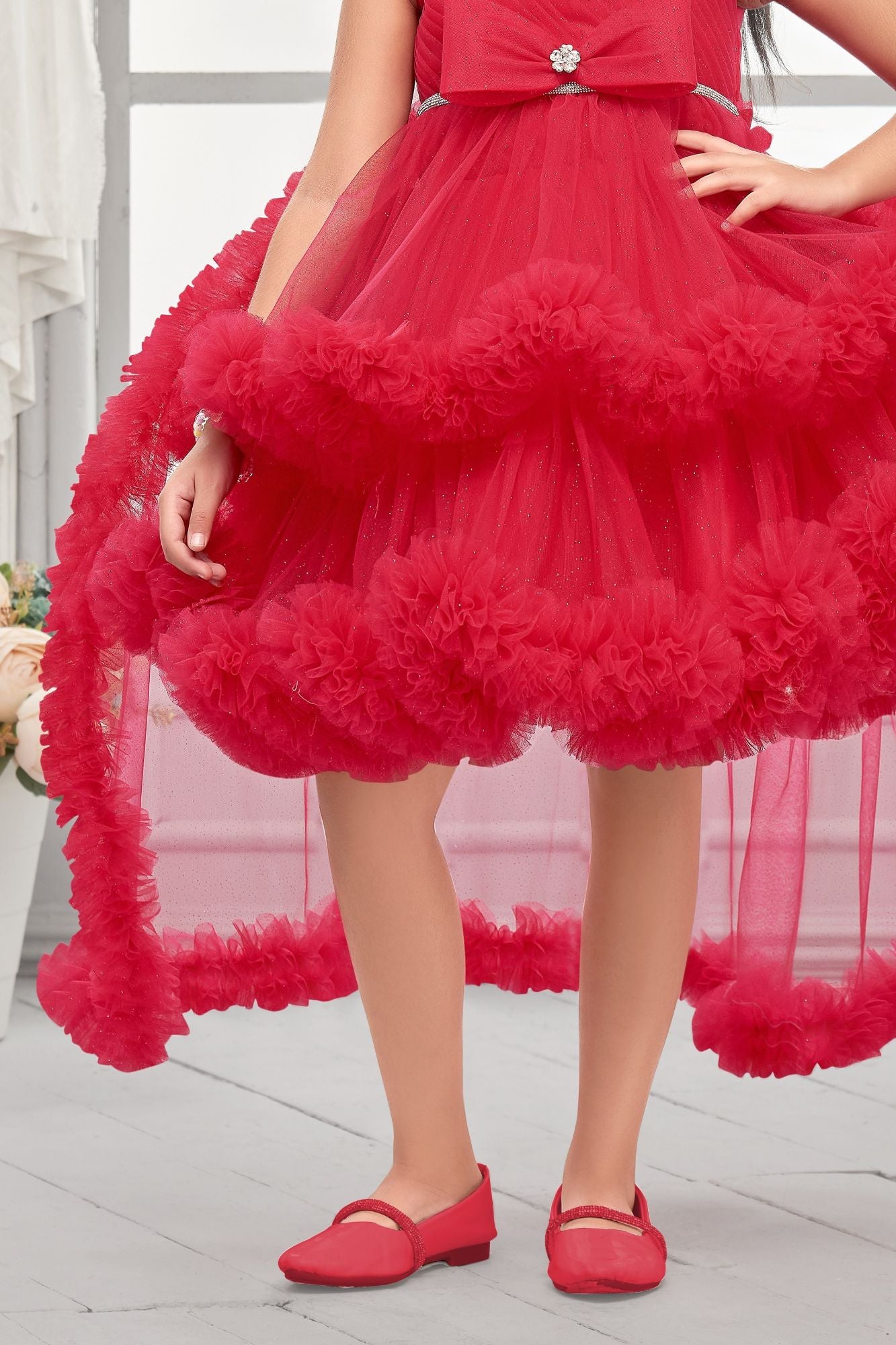 Rani Pink High-Low Party Wear Tulle Frock with Bow Detail For Girls