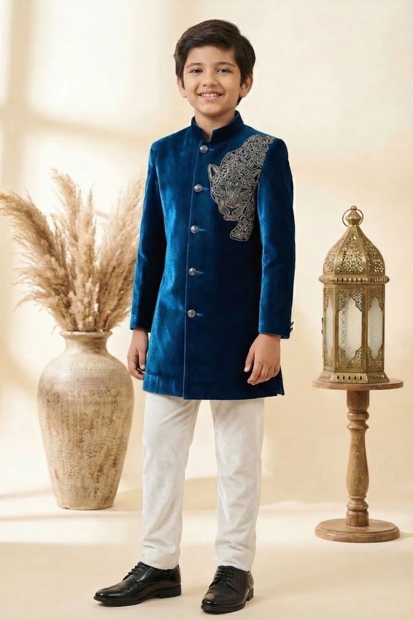 Teal Blue Sherwani Set with Tiger Embroidered Motif For Boys