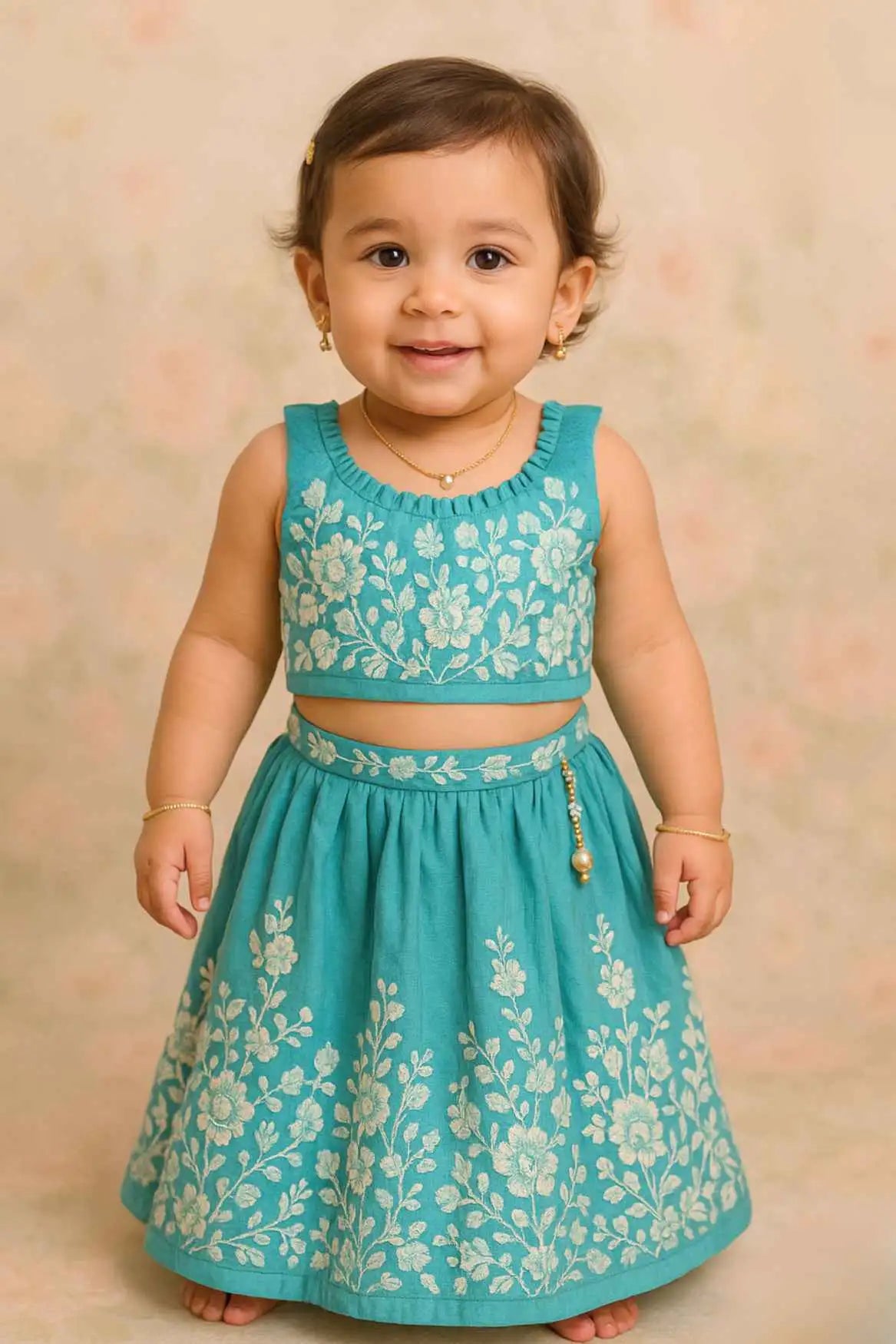Blue Embroidered Lehenga Choli Set For Girls