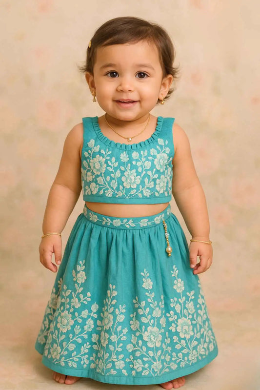 Blue Embroidered Lehenga Choli Set For Girls