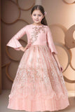 Designer Pastel Pink Floral Embroidered Net Party Gown With Ruffled Hem For Girls