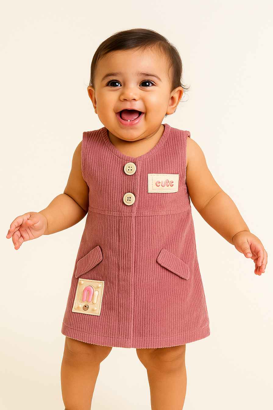 Dusty Pink Corduroy Dress With Cute Patchwork For Girls