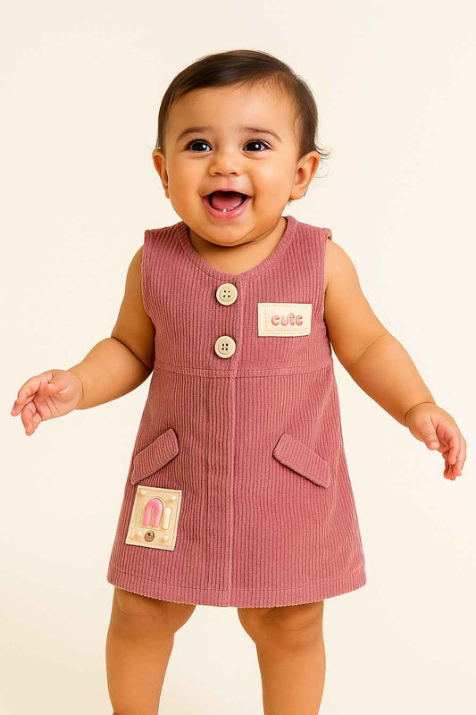 Dusty Pink Corduroy Dress With Cute Patchwork For Girls