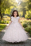 White Floral Appliqué Princess Gown For Girls
