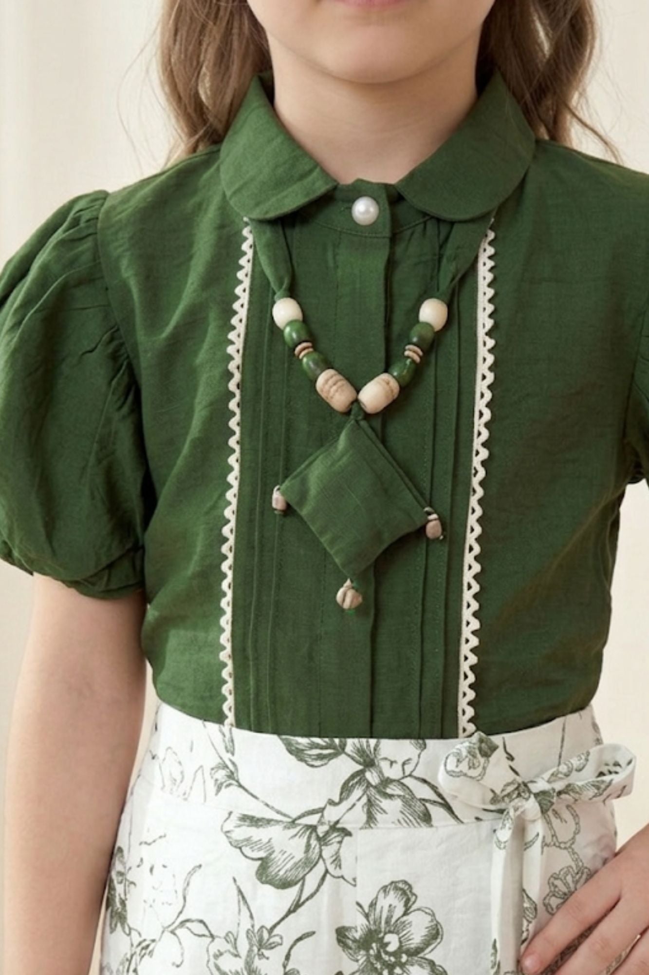 Girls Forest Green Puff Sleeve Top with Printed Palazzo Pants