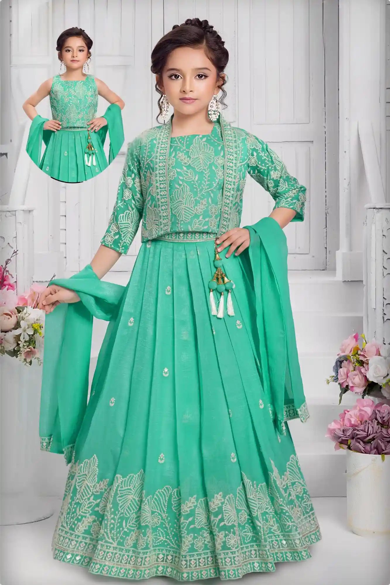 Sea Green Embroidered 3-Piece Ethnic Lehenga Choli Set with Dupatta For Girls