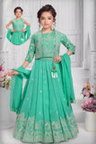 Sea Green Embroidered 3-Piece Ethnic Lehenga Choli Set with Dupatta For Girls