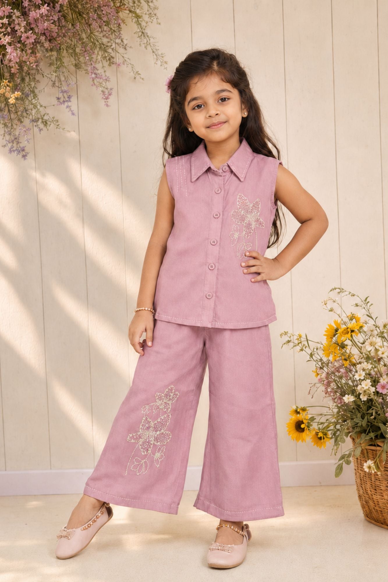 Dusty Lilac Floral Embroidered Shirt & Wide-Leg Co-Ord Set