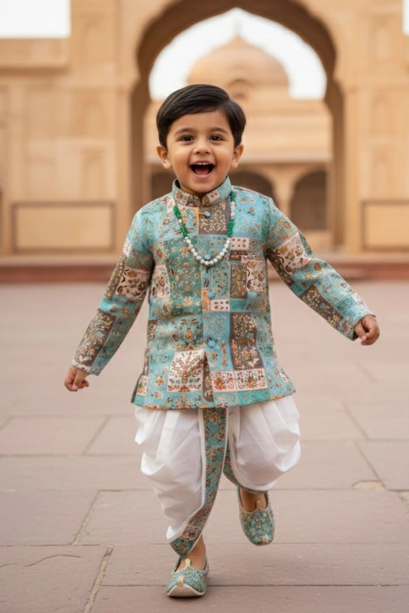 Aqua Blue Patchwork Printed Kurta Dhoti Set for Boys