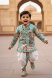 Aqua Blue Patchwork Printed Kurta Dhoti Set for Boys