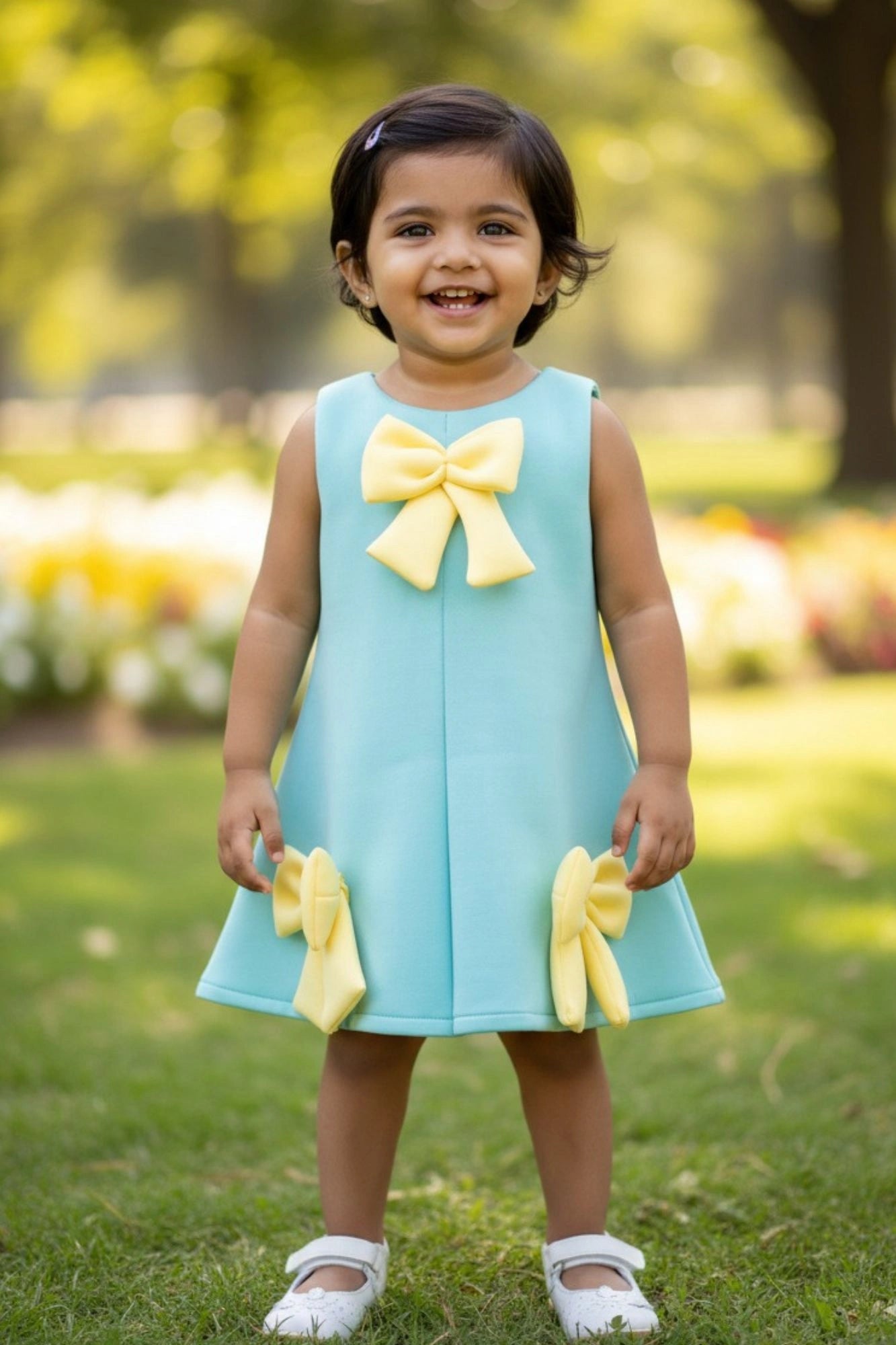Aqua Blue Party Frock with Yellow Bow Accents For Girls