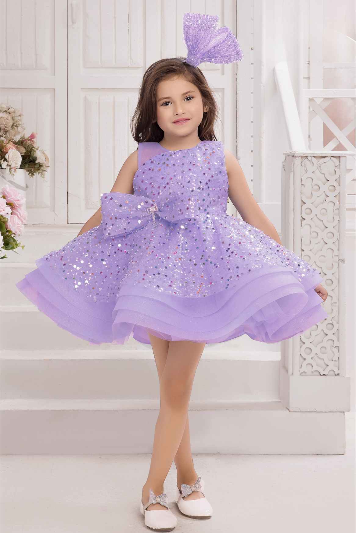 Twinkle Star Lavender Bow Embellished And Sequin Party Frock for Girls