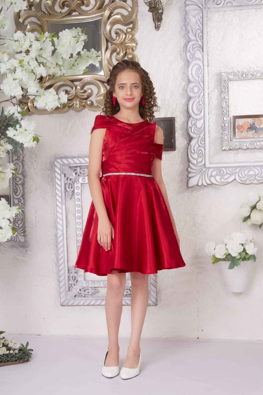 Red Satin Frock Embellished with stone waist Band For Girls