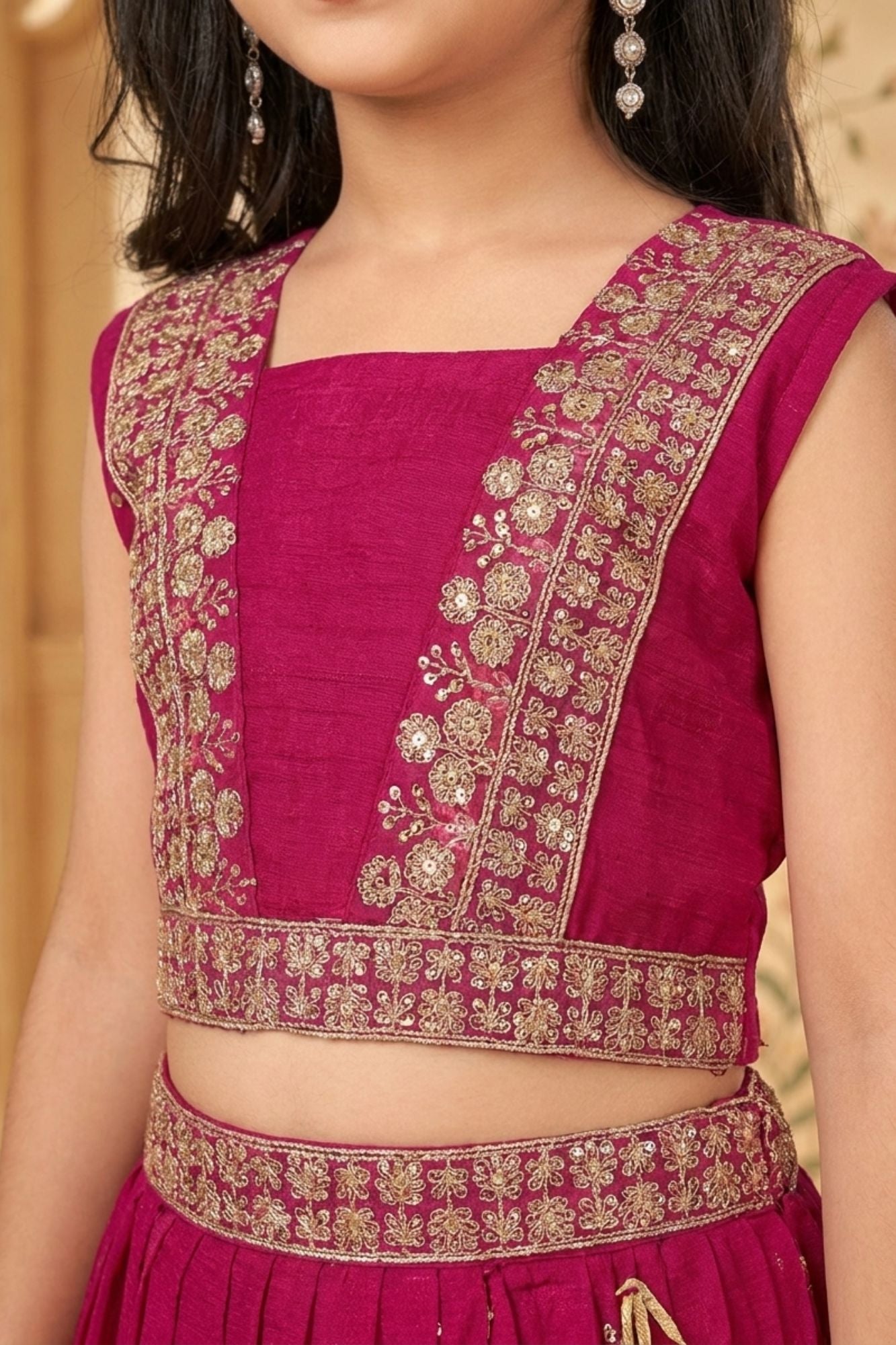 Girls Rani Pink Embroidered Lehenga Choli with Dupatta