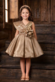 Girls Champagne Gold Sequin Floral Applique Party Wear Frock