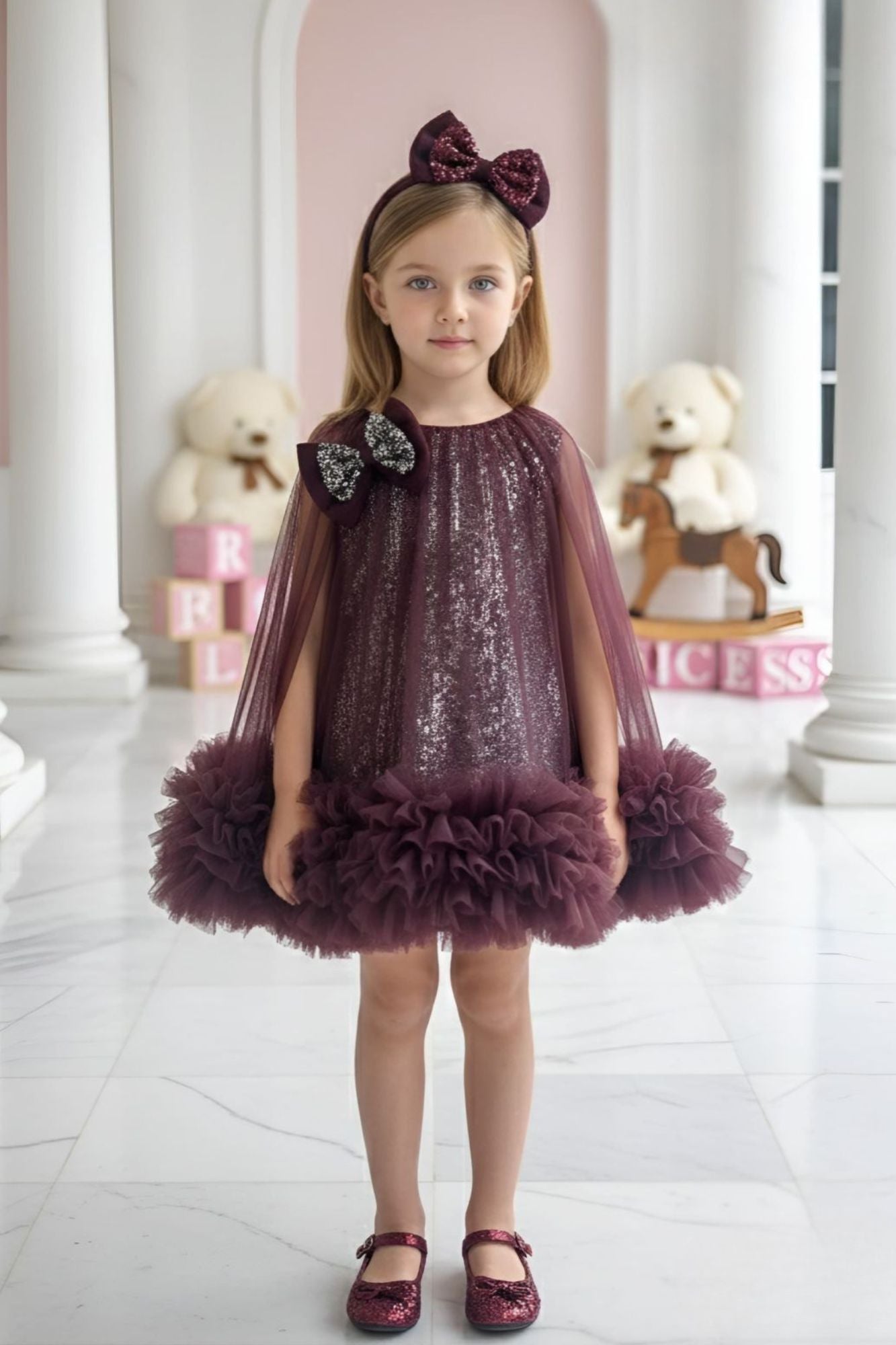 Wine Sequin Cape Style Party Frock For Girls