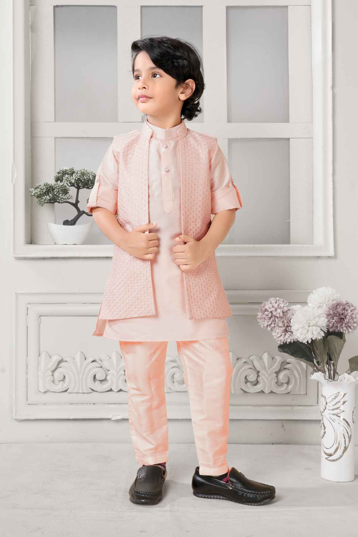 Classic Peach Kurta Set With Overcoat For Boys