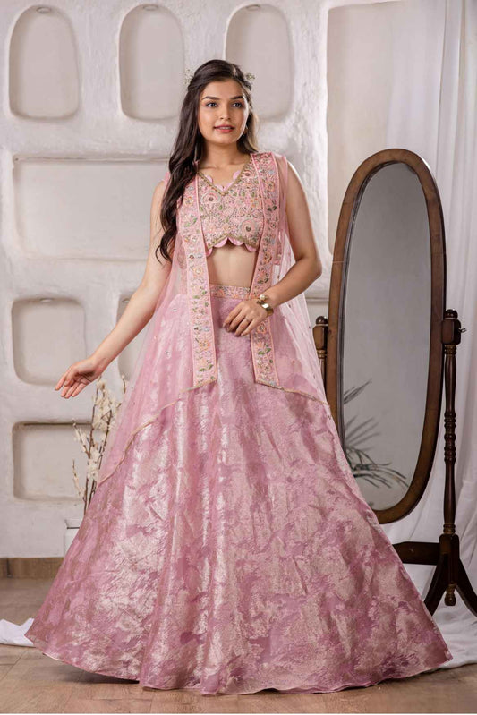 Pink Sequins Embroidered Lehenga Choli Set With Over Coat Set For Girls