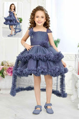 Dark Grey Pearl And Stone Work With Floral Embellished Tail Back Frock For Girls