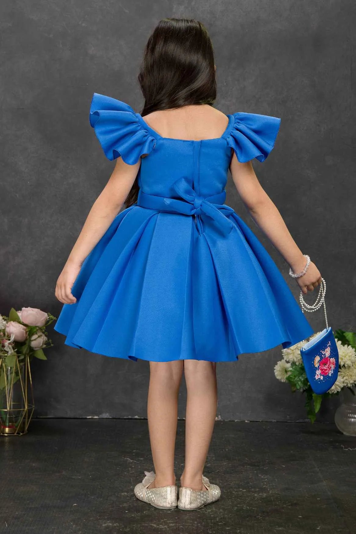 Blue Floral Embroidered Frock with Sling Bag For Girls