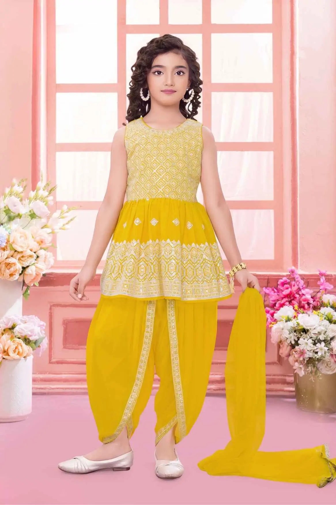 Yellow Sequins Embroidered Dhoti Set With Peplum Kurti And Dupatta For Girls