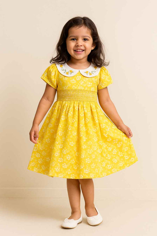 Yellow Floral Cotton Dress for Girls