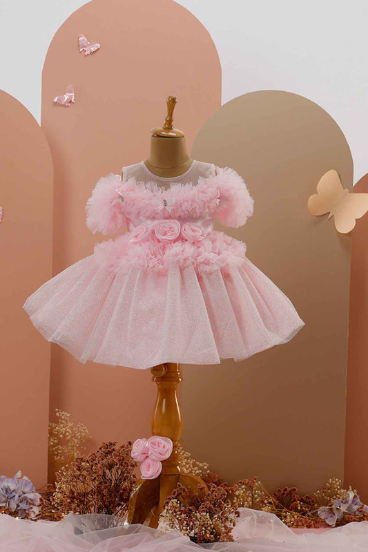 Pink Shimmer Frock With Floral Embellished For Girls