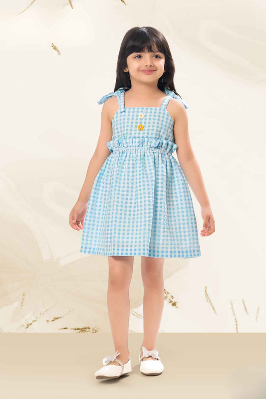 Blue And White Checked Cotton Frock For Girls