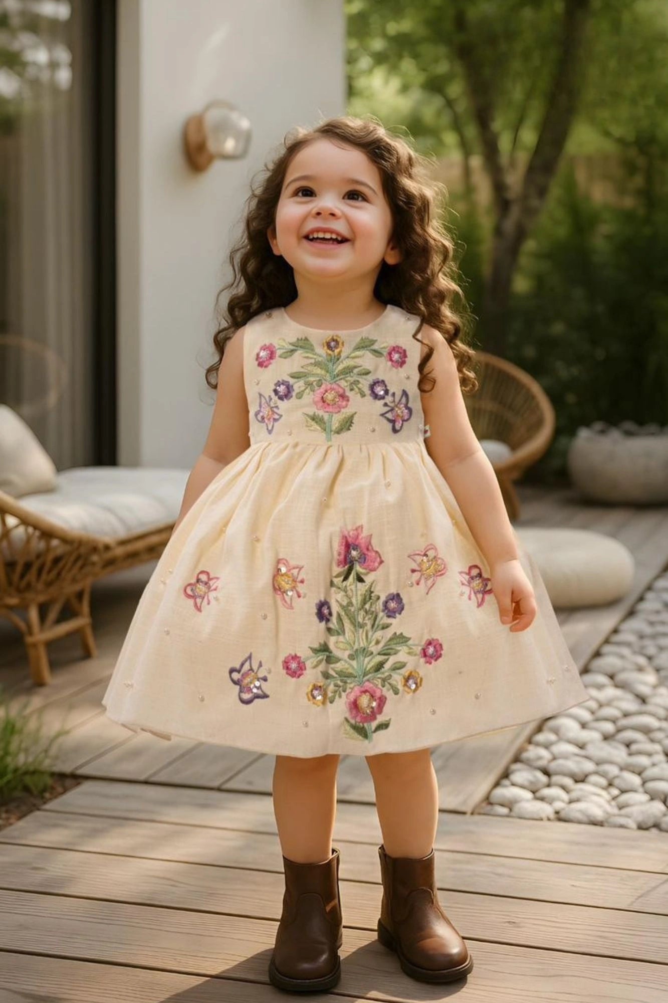 Cream Sleeveless Embroidered Frock With Butterfly Motifs & Pearls For Girls