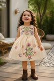 Cream Sleeveless Embroidered Frock With Butterfly Motifs & Pearls For Girls