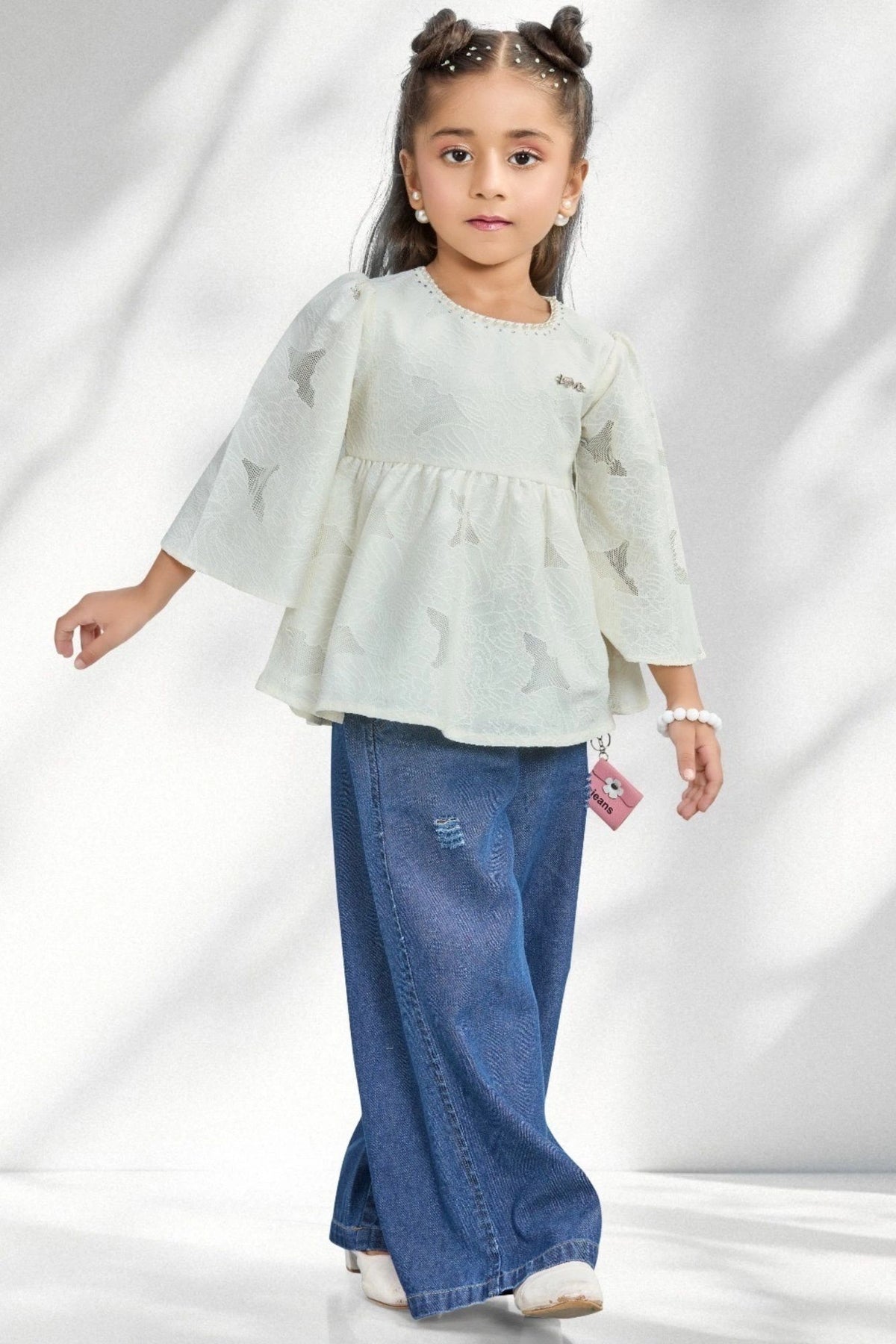 Cream Peplum Top with Bell Sleeves and Wide-Leg Jeans Set For