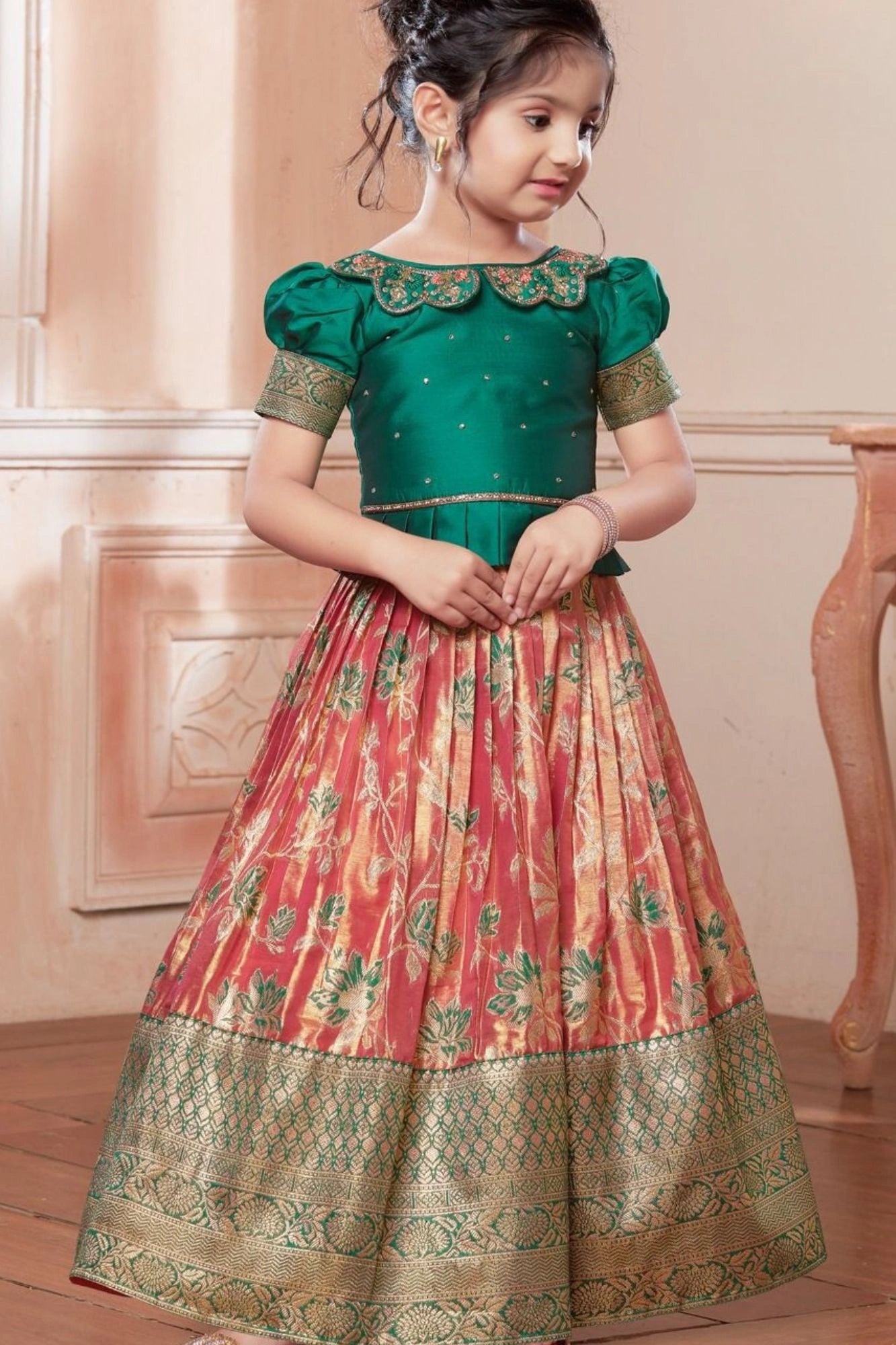 Green & Peach Banarasi Tissue Silk Pattu Pavadai Set with Embroidered Collar For Girls