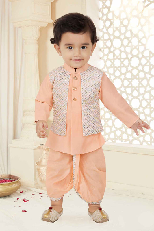 Peach Kurta And Dhoti Set With Sequins Work Waistcoat For Boys