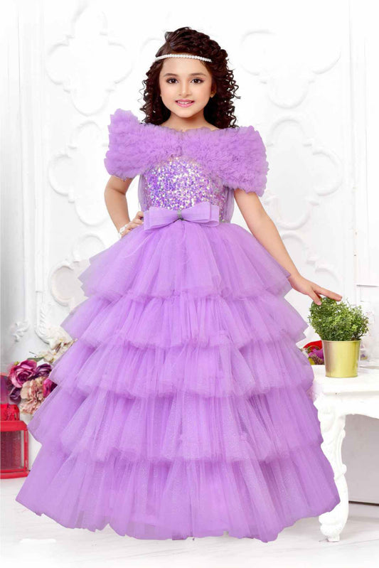 Designer Lavender Sequin Multilayered Net Party Gown With Ruffled Sleeves For Girls