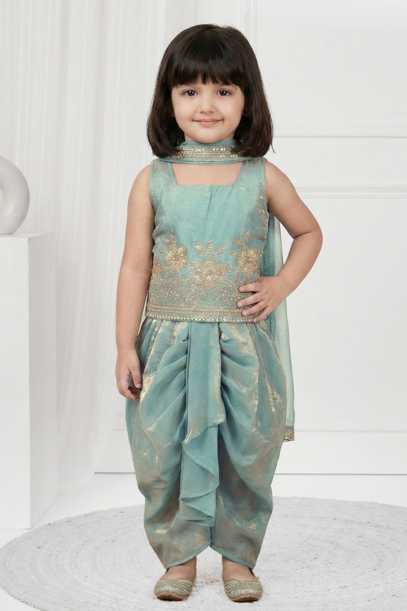 Sky Blue Embroidered Dhoti Skirt Set with Dupatta For Girls