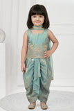 Sky Blue Embroidered Dhoti Skirt Set with Dupatta For Girls