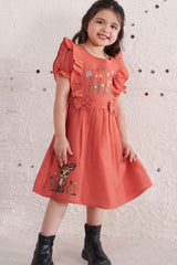 Stylish Orange Casual Frock With Bow Embellished For Girls