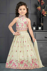 Cream Sleeveless And Sequins Embroidered Lehenga Choli Set For Girls